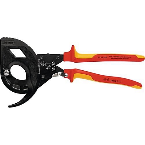 Cable cutting tool in black, red, and yellow. "1000 V" is printed on the handles.