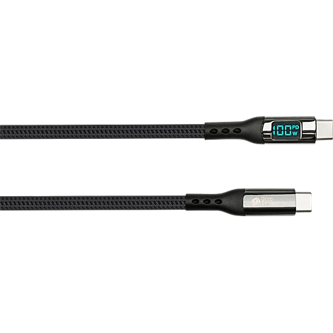 Câble de charge noir avec affichage numérique : 100W. Les deux extrémités avec connecteurs USB-C.