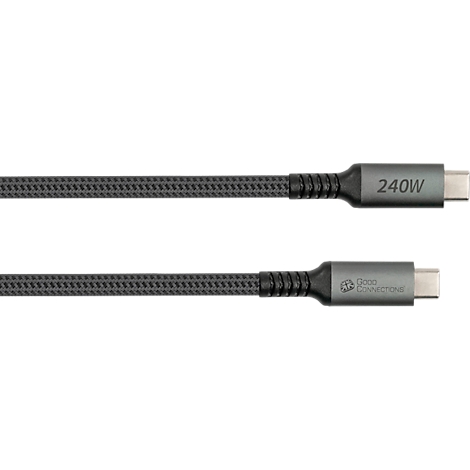 Câble USB-C gris. 240W est inscrit sur le connecteur. Le logo Good Connections est visible en bas.