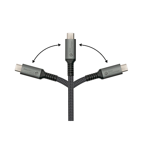 Câble USB-C gris à trois extrémités. Les câbles sont marqués de flèches pour illustrer leur flexibilité.