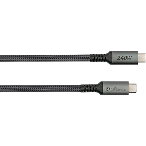 Câble USB-C gris avec marquage 240W. Texture tressée, embouts avec logo et connecteurs Type-C.