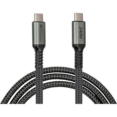 Deux câbles USB-C, tressés gris et noirs. L'un dit 240W.