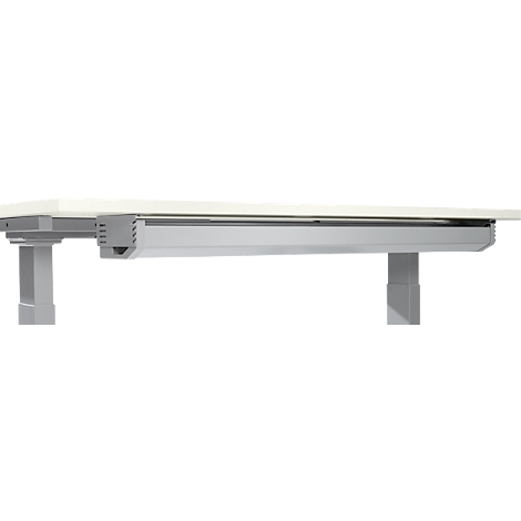Close-up of the underside of a desk with a silver cable tray and height-adjustable legs.