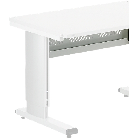 Close-up of a white desk. The legs and underside are visible.