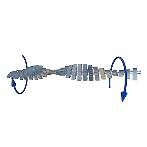 A silver, wave-shaped object with three-dimensional rectangles and arrows illustrating rotation, against a white background.