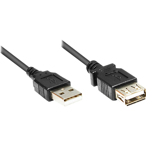 Deux câbles USB noirs, connecteurs mâles et femelles, vue détaillée.