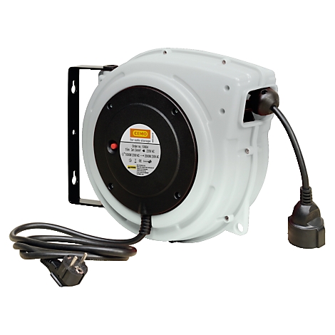 A white cable reel casing with a black plug and bracket. The text on the reel reads: "Power up to 1500W, 230V".