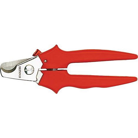 Red nail clippers with metal blade. 'STAINLESS' is written on the blade.