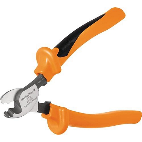 Orange cable cutter with black grip area. The pliers head is made of metal. The head reads 'Weidmüller'.