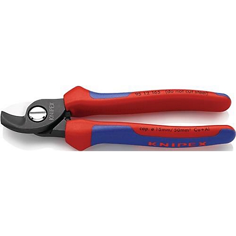 Knipex cable cutter with red and blue handles, with text details. The tool lies diagonally on a light background.