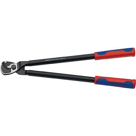 Long, black wire cutter with red and blue handles. Marked: KNIPEX 71 72 200 Germany.