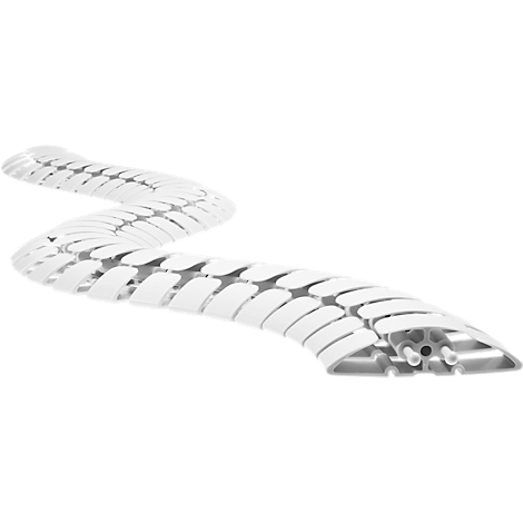 Flexible white cable hose in a curved shape. Detailed view of the product.