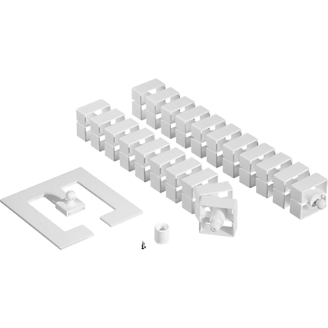 Several white, cuboid building blocks. Also an angular element with a button and a small cylinder.
