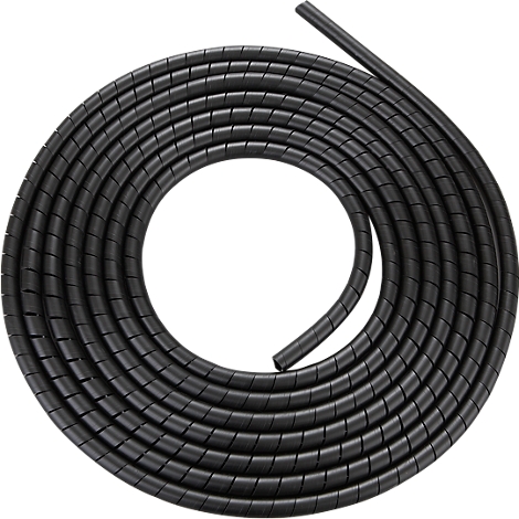 Black spiral hose that bundles and protects cables.
