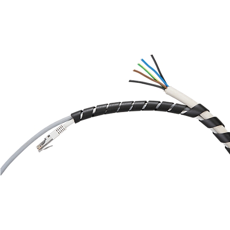 Grey network cable with black spiral. End shows colored wires. One end with plug.