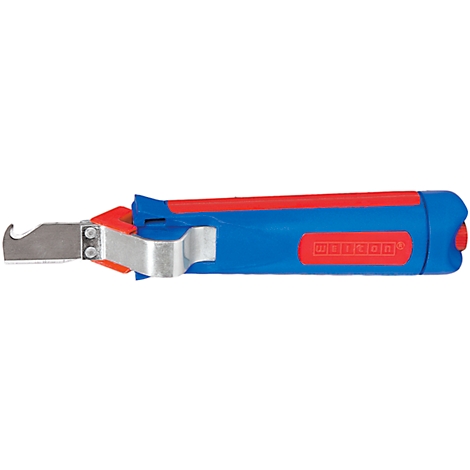 Cable knife with red and blue color, with blade in grey.