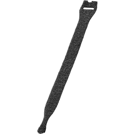 Gray velcro strap, slightly angled upwards to the left. Hole at the top, tapering to a point at the bottom.