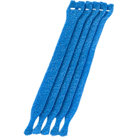 Five blue cable ties lie diagonally from the bottom left to the top right. Each has a rectangular head with holes.
