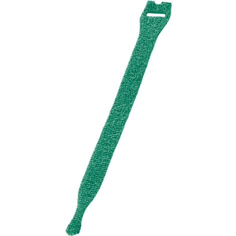 Green cable tie. Loop end with hole, narrow band, rounded end.
