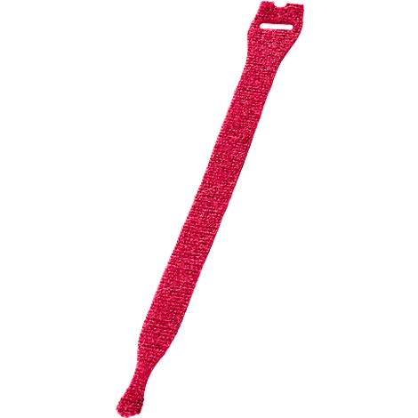 Red, elongated cable tie with loop and hole for attachment.