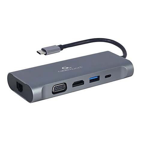 Grauer USB-C-Hub mit verschiedenen AnschlÃ¼ssen, Kabel mit Stecker oben.