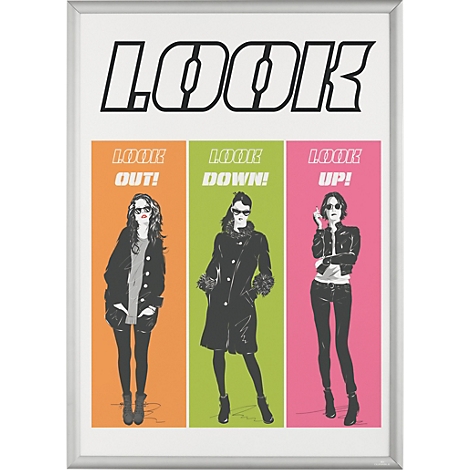 Affiche présentant trois personnages féminins stylisés en orange, vert et rose sur fond blanc avec le texte Look.