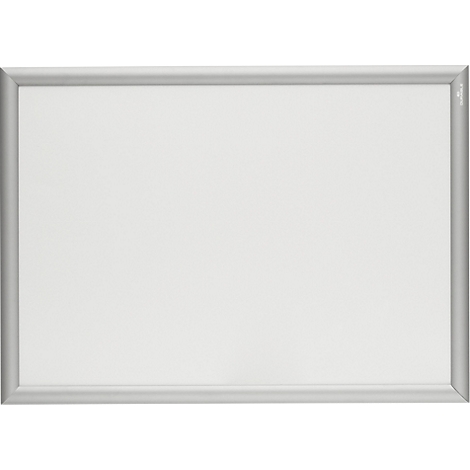 Cadre d'affiche rectangulaire blanc en format paysage avec un cadre fin en aluminium argenté.