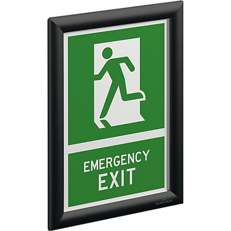 Panneau de sortie de secours rectangulaire avec pictogramme blanc sur fond vert et inscription anglaise dans un cadre noir.