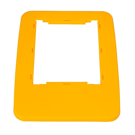 Pièce en plastique jaune avec une ouverture carrée, des coins arrondis et des évidements.
