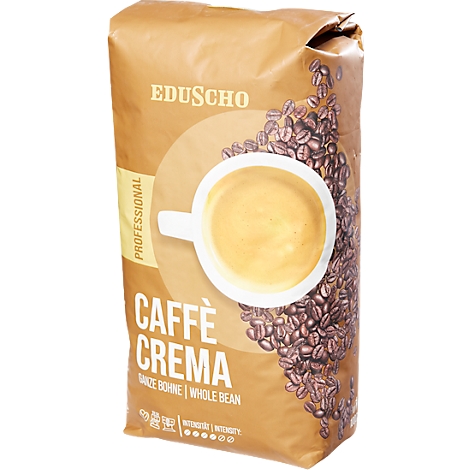 Paquet de café beige avec le logo Eduscho, une illustration de café et le texte "Caffè Crema". À côté, des grains de café.