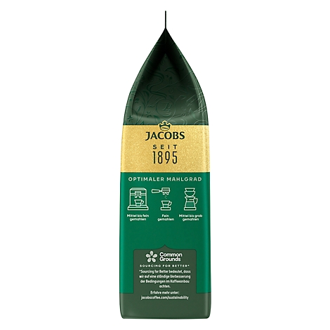 Dos d'un paquet de café Jacobs en vert et or, avec du texte comme 'Degré de mouture optimal' et divers symboles de degré de mouture.