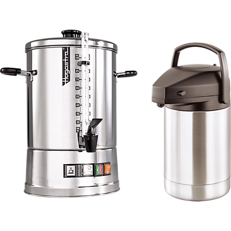 Deux machines à café en acier inoxydable sur fond blanc. À gauche, une grande machine à café, à droite, un récipient thermique.
