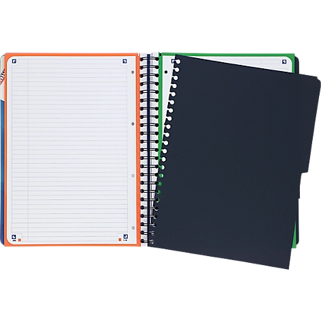Cahier à spirale ouvert avec page lignée et page de dossier noire.