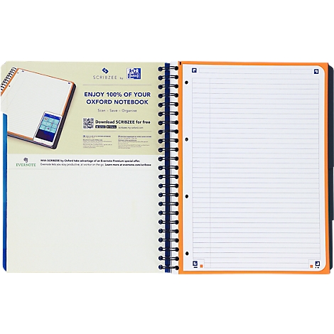 Cahier à spirale ouvert avec des pages lignées, une bordure orange et un fond bleu. Un smartphone est représenté sur le côté gauche.