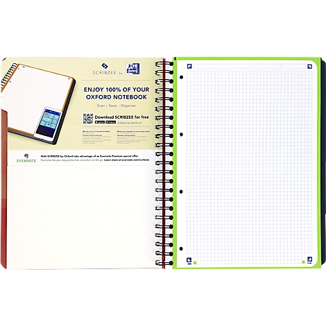 Cahier Oxford ouvert avec pages quadrillées. Sur la gauche, une publicité pour une application avec un smartphone.