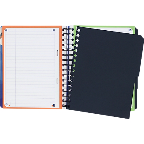 Un carnet à spirale ouvert. Papier ligné à gauche, le côté droit est fermé.