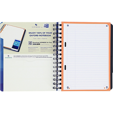Cahier à spirales ouvert avec bord orange et pages lignées. Texte publicitaire à gauche avec code QR.