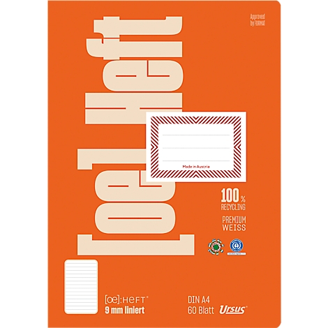 Cahier orange avec les mots "[oe] heft" en grandes lettres blanches. Une boîte d'adresse blanche avec bordure rouge et texte. Le texte est : 100% Recyclage.