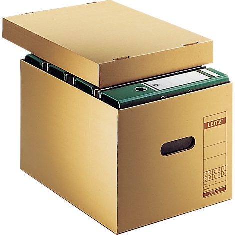 Boîte en carton avec couvercle marron remplie de dossiers verts, logo LEITZ et ouverture de la poignée.