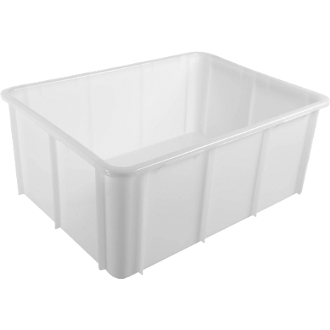 Boîte en plastique blanche rectangulaire et transparente. Le bord est légèrement arrondi. Le conteneur repose sur de petits pieds.