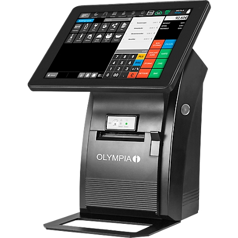 Système de caisse noir avec écran tactile et stockage de reçus. Éléments de menu et chiffres à l'écran. "Olympia" est sur le devant.