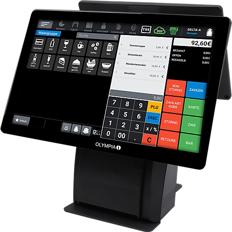 Caisse enregistreuse à écran tactile noir affichant une structure de menu. Le prix de 92,60 € est affiché en haut à droite.