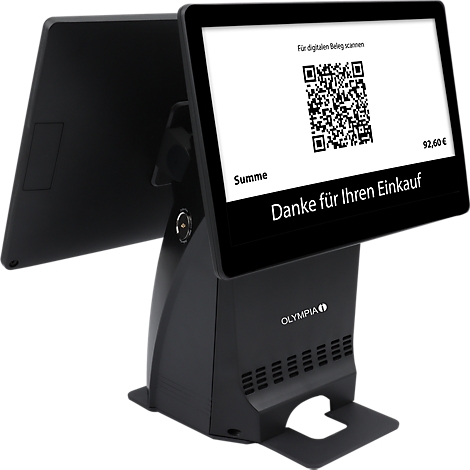Système de caisse noir, écran avec code QR et texte 'Merci pour votre achat'.