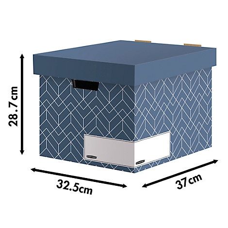 Boîte d'archives à motifs bleus et blancs avec couvercle. Les dimensions sont indiquées.