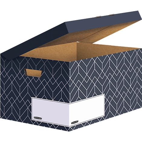 Boîte de rangement bleue ouverte avec motif blanc, étiquette blanche et intérieur marron. Le couvercle est levé.