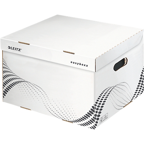 Boîte d'archivage Leitz Easyboxx blanche, avec poignée et logo noirs. Design avec des lignes pointillées.