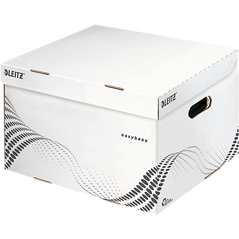 Boîte d'archives Leitz Easyboxx blanche avec couvercle, poignée et motif à pois. Imprimés : Leitz et Easyboxx.