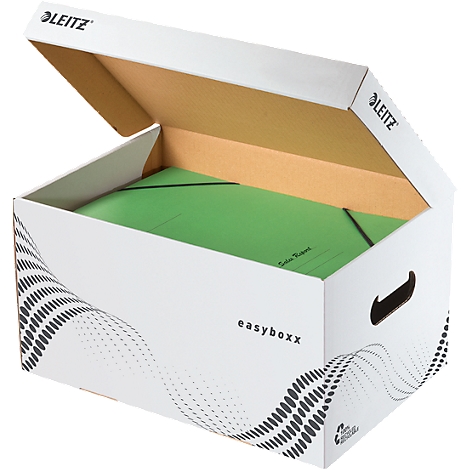 Boîte rectangulaire blanche avec couvercle ouvert. À l'intérieur, des dossiers verts, étiquette : "LEITZ easyboxx".