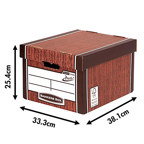 Boîte de rangement marron, avec dimensions, logos et marque FSC. Dimensions : 25,4 cm x 33,3 cm x 38,1 cm.