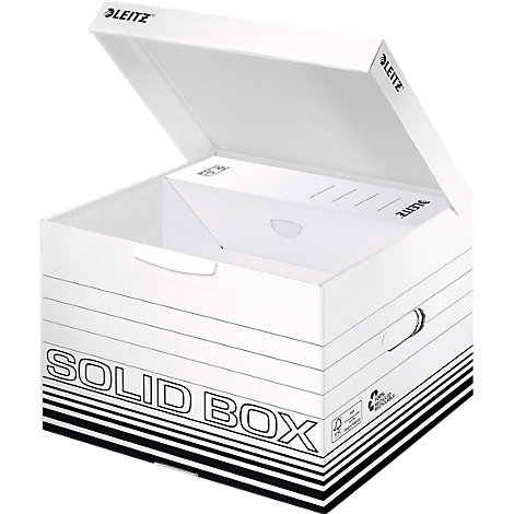 Boîte d'archives blanche Leitz SOLID BOX, couvercle ouvert. Texte noir : SOLID BOX, logo Leitz. Bordure rayée.